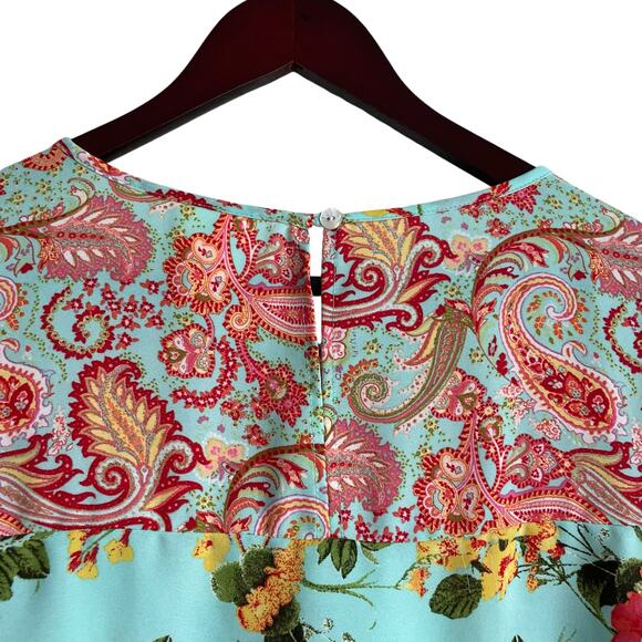 Fig & Flower Women Top S Turquoise Floral Boho Cottage Grandma Peasant Hippie‎ - Picture 4 of 11